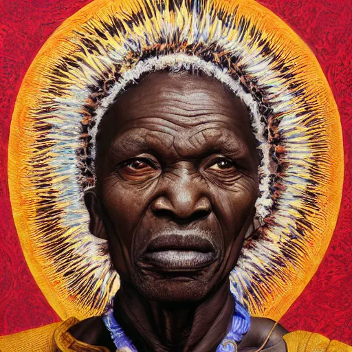 Image similar to a painting of a wise elder from Kenya by Kehinde Wiley . dramatic angle, ethereal lights, details, smooth, sharp focus, illustration, realistic, cinematic, artstation, award winning, rgb , unreal engine, octane render, cinematic light, macro, depth of field, blur, red light and clouds from the back, highly detailed epic cinematic concept art CG render made in Maya, Blender and Photoshop, octane render, excellent composition, dynamic dramatic cinematic lighting, aesthetic, very inspirational, arthouse.