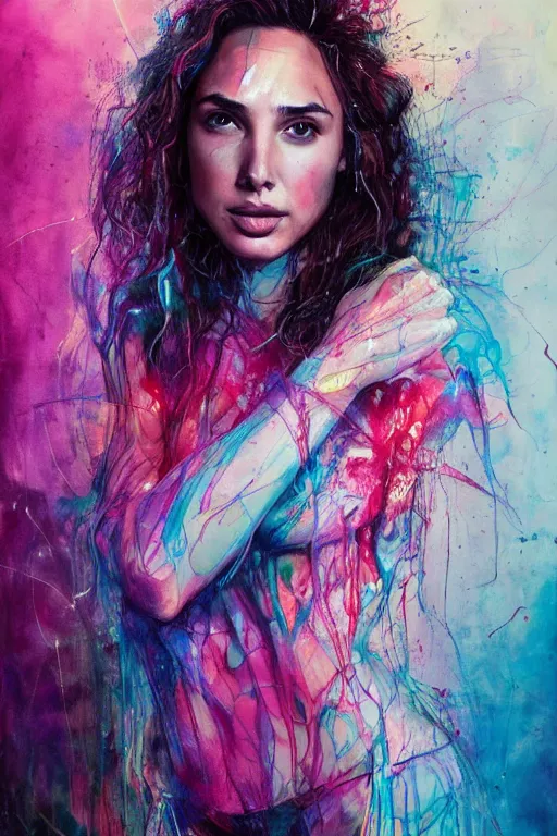 Image similar to gal gadot by agnes cecile enki bilal moebius, intricated details, view 3 / 4 back, full body portrait, extremely luminous bright design, pastel colours, drips, autumn lights