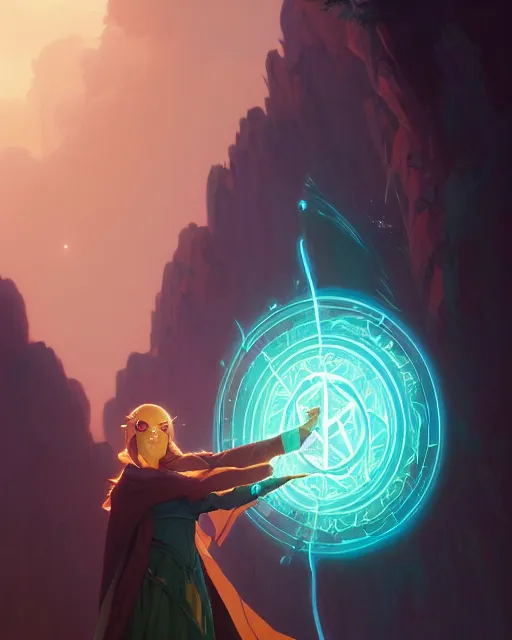 Image similar to highly detailed vfx portrait a mage casting a spell, stephen bliss, unreal engine, sigils greg rutkowski, loish, rhads, beeple, makoto shinkai and lois van baarle, ilya kuvshinov, rossdraws, tom bagshaw, alphonse mucha, global illumination, detailed and intricate environment