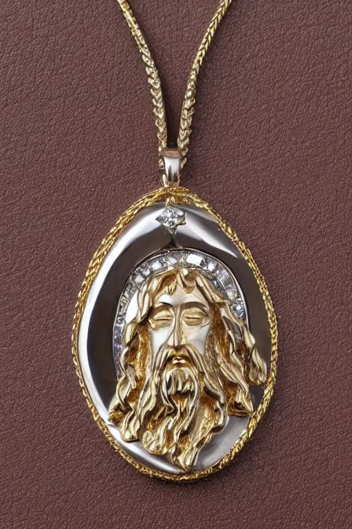 Prompt: this gold jesus pendant upgraded in platinum and sapphires where there are diamonds. high shine jewelry