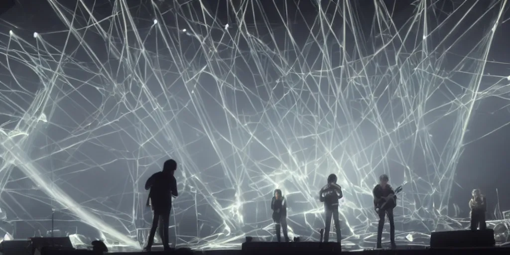 Image similar to Thom Yorke singer songwriter, Radiohead group of people on stage playing instruments, elaborate stage effects, dust, smoke, giant LED screens, colored projections, ultrafine detail, glowing thin wires, smoke, high contrast, projections, a screenshot by David Gilmour Blythe, holography, tesseract, volumetric lighting, anamorphic lens flare