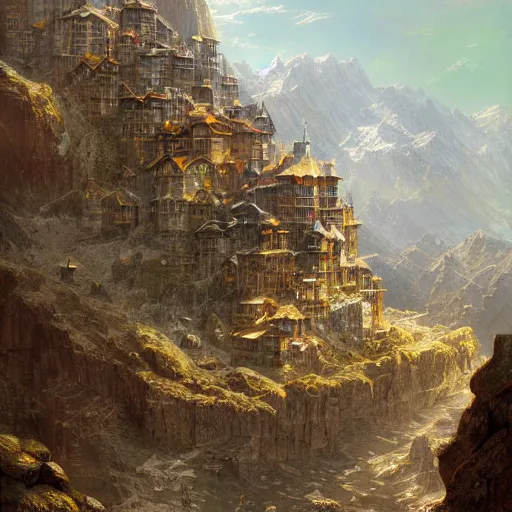 Image similar to artstation concept of a mountainous city in the rocky mountains, numerous vintage/rustic elements, bright colorful, gold, hyperdetailed, artstation trending, world renowned artists, worth1000.com, historic artworks society, antique renewel, cgsociety, by greg rutkowski, by Gustave Dore, Deviantart