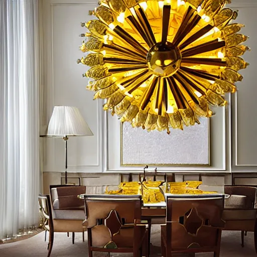 Prompt: chandelier in the shape of a sun with yellow accents designed by tiffany, advertising photography, luxury home design