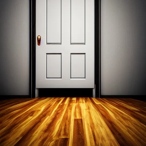 Prompt: photography, 3 d render, monster, door, wood floor