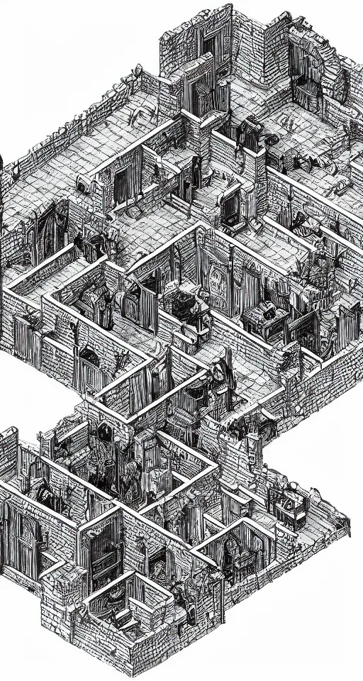 Prompt: a black and white isometric dungeon map. d & d. small dungeon layout. few rooms. high definition etching with complex details.