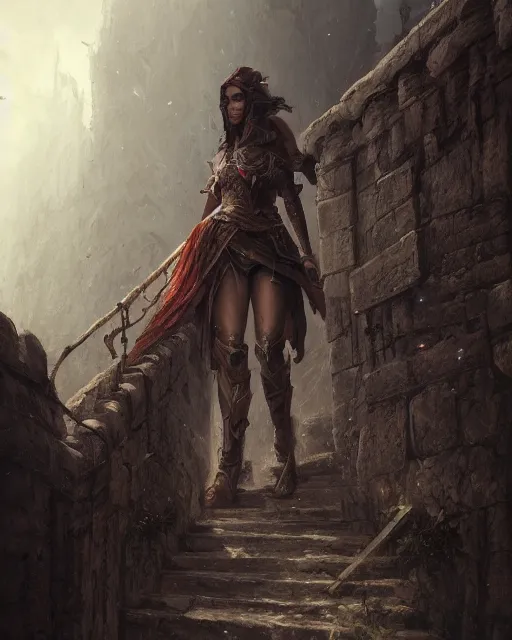 Image similar to A beautiful warrior walking up the castle stairs, beautiful face, highly detailed face, close-up, fantasy art, female art, in the style of greg rutkowski, illustration, epic, fantasy, intricate, hyper detailed, artstation, concept art, smooth, sharp focus, ray tracing
