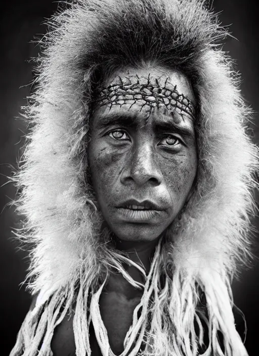 Image similar to Award winning Editorial photo of a Native Nauruans with incredible hair and beautiful hyper-detailed eyes wearing traditional garb by Lee Jeffries, 85mm ND 5, perfect lighting, gelatin silver process