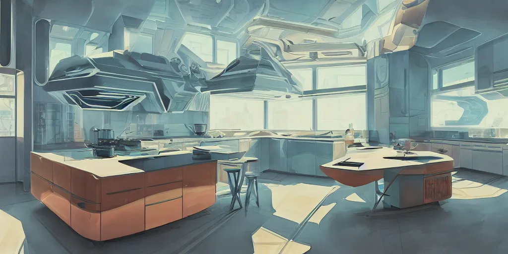 Prompt: a beautiful illustration of futuristic kitchen, lots of furniture, big medium small, sacred geometry, golden ratio, in watercolor gouache detailed paintings, in style of syd mead, trending on artstation, 8 k, panel, hard surface, wallpaper, zaha hadid, scattered props, plant, cozy, decoration, simon stalenhag, wes anderson, cyberpunk, insanely detailed