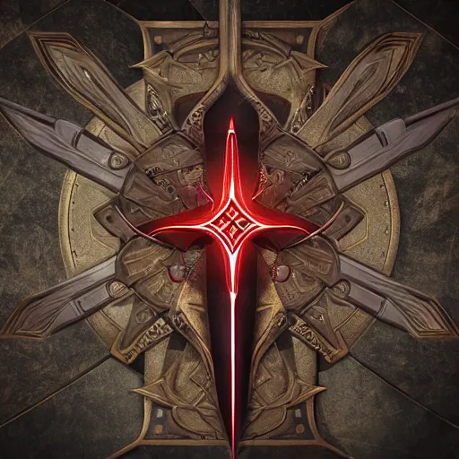 Image similar to game - icon of giant medieval swords crossed, red powerful fantasy epic legends, game icon stylized, digital illustration radiating, a glowing aura, global illumination, ray tracing, 8 k high definition, intricate details, octane render, unreal engine, trending on arstation