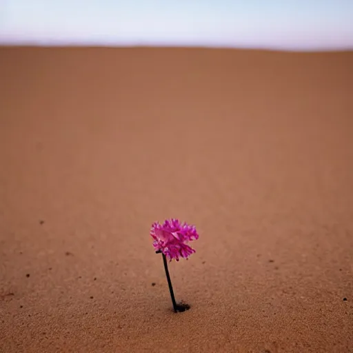 Prompt: a single small pretty desert flower blooms in the middle of a bleak arid empty desert, sand dunes, clear sky, low angle, dramatic, cinematic, tranquil, alive, life.