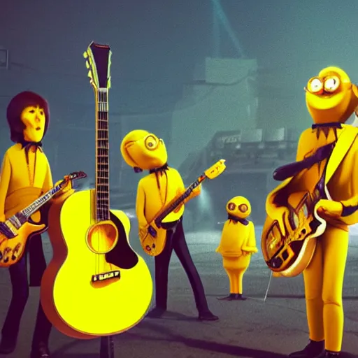 Image similar to the beatles performing with guitars, a giant yellow minion at background, sci fi, art by mike winkelmann, trending on cgsociety, retrofuturism, darksynth, sci - fi