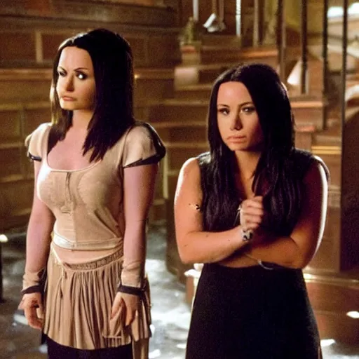 Prompt: Demi Lovato as Piper Halliwell and Selena Gomez as Phoebe Halliwell and Ariana Grande as Prue Halliwell in a Charmed movie directed by Christopher Nolan, movie still frame, promotional image, imax 35 mm footage