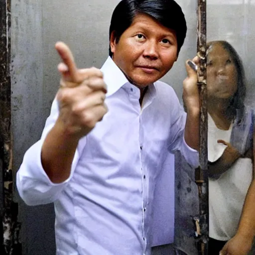 Prompt: Bongbong Marcos inside a jail cell, crying and terrified