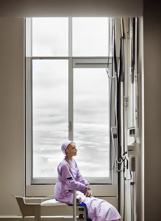 Prompt: medium shot, photo of a beautiful 4 0 year old woman hospital patient sitting in a norwegian hospital room, wearing a hospital gown, with an iv drip, looking out window. studio lighting, 3 5 mm, by charlie waite, max rive, caroline foster.