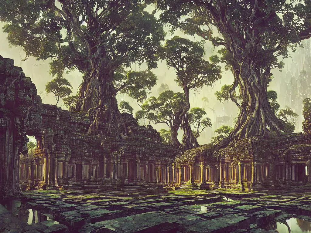 Image similar to a distant cyberpunk angkor wat, sky, portals, sparkling, reflecting pool, robots, ancient trees by paul lehr, jesper ejsing