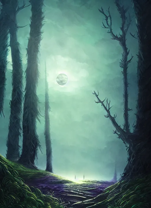 Prompt: fantasy book cover, full moon, fantasy forest landscape, sharp focus, illustration, highly detailed, digital painting, concept art, matte, masterpiece