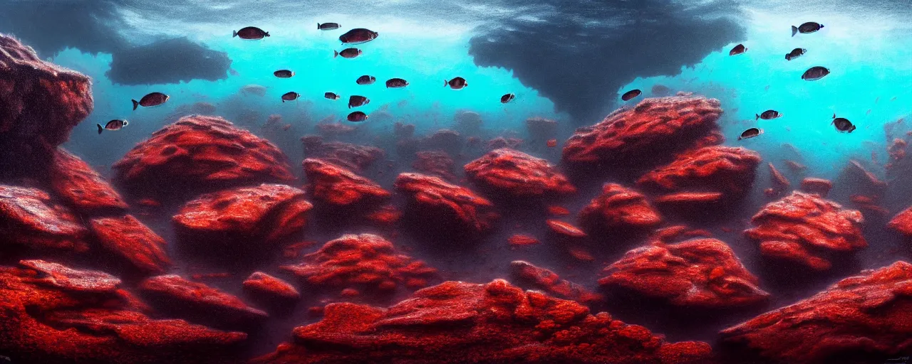 Prompt: A gorgeous detailed oil of a dark red sea covered in big blue steep rocks, a school of piranhas underwater, the further away the mistier it gets, surreal, concept art, dark aesthetic, atmospheric, moody, hyperrealism, highly detailed, masterpiece, award winning, 4k