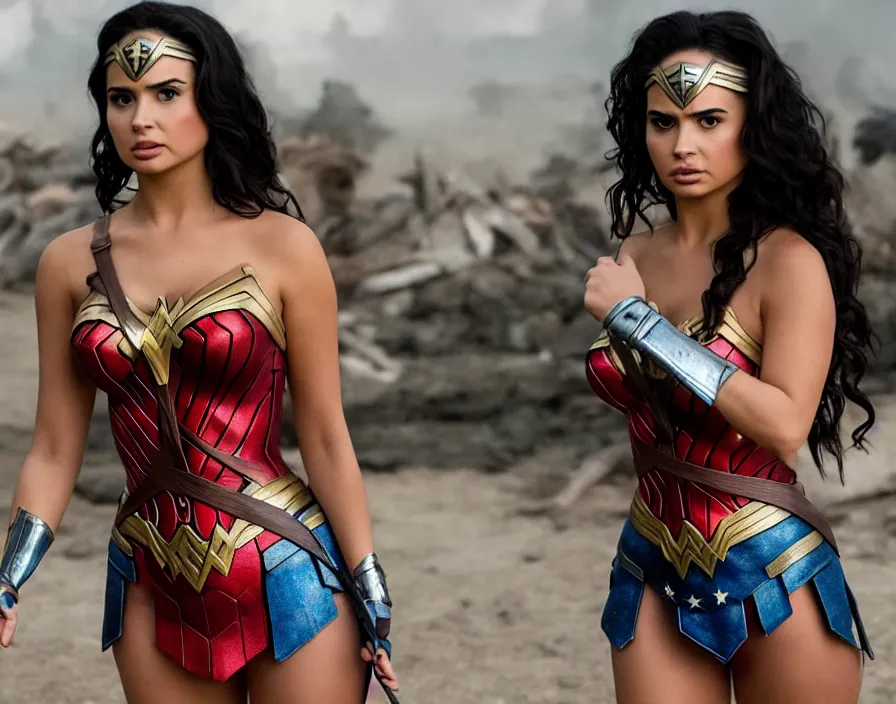 Image similar to movie still of demi rose wearing tube top from the movie wonder woman, directed by scott snyder, 4 k hd, oscar winning, high detail