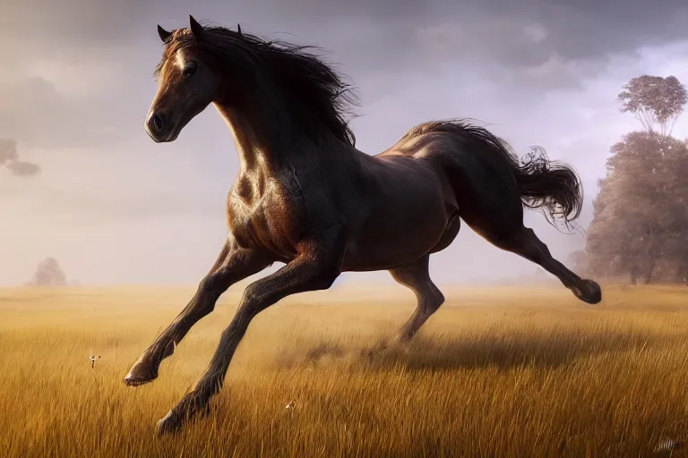 Prompt: a stunning horse, right anatomy, 4 legs, running through a meadow by greg rutkowski, high key lighting, volumetric light, digital art, highly detailed, fine detail, intricate, ornate, complex, octane render, unreal engine, photorealistic