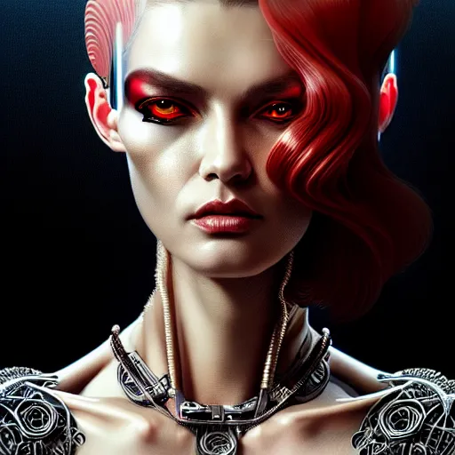 Image similar to woman with extremely large and intricate haircut with angry red eyes and slim features looking askance, eye cyberpunk bionics, retro futurist style, intricate, elegant gleaming intricate baroque jewelry, angelic halo, highly detailed, digital painting, artstation, concept art, smooth, sharp focus, illustration, art by wlop, mars ravelo and greg rutkowski,