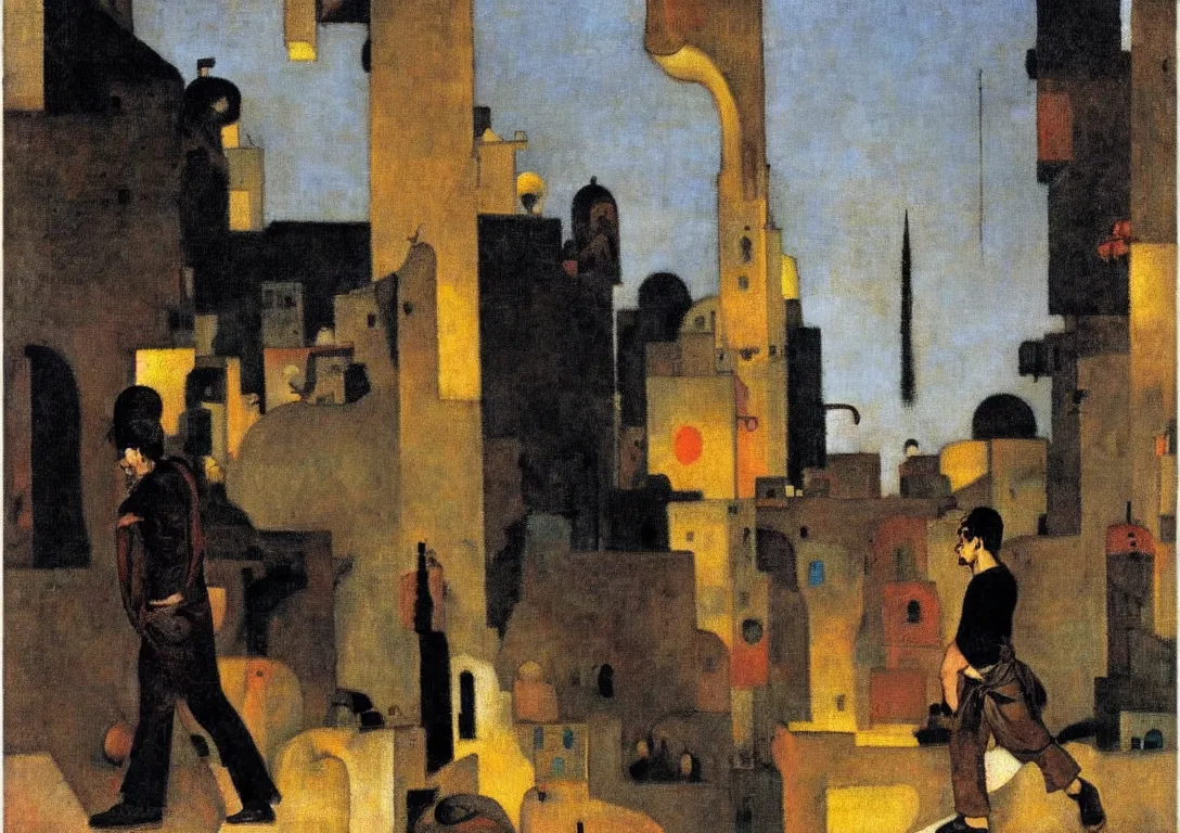 Image similar to a punk latino greek god following a watchful light through the streets of a city, muted color scheme, sparse detail, by george luks, joan miro and moebius