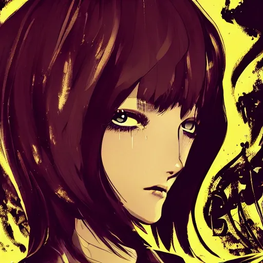 Image similar to Frequency indie album cover, luxury advertisement, golden filter, golden and black colors. A clean and detailed post-cyberpunk sci-fi close-up schoolgirl, she is very powerful, in asian city in style of cytus and deemo, mysterious vibes, by Tsutomu Nihei, by Ilya Kuvshinov, by Greg Tocchini, nier:automata, Yorda from Ico and Lain Iwakura, set in half-life 2, beautiful with eerie vibes, very inspirational, very stylish, with gradients, surrealistic, dystopia, postapocalyptic vibes, depth of field, mist, rich cinematic atmosphere, perfect digital art, mystical journey in strange world, beautiful dramatic dark moody tones and studio lighting, shadows, bastion game, arthouse