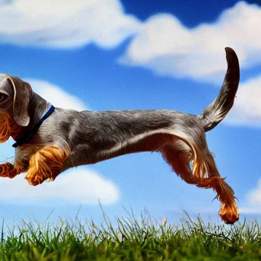 Prompt: elderly light gray wire-haired dachshund with long hair floating in heaven, jumping through blue sky, white clouds