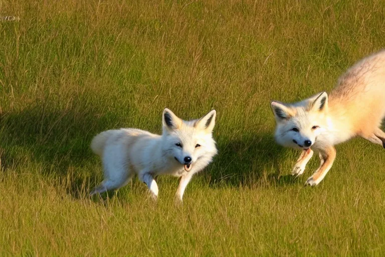 Prompt: white fox and red fox running through the meadow hill, forest on the horizont, beautiful ambiance, golden hour, studio ghibli style, by hayao miyazaki, tom moor, sharp focus, highly detailed,