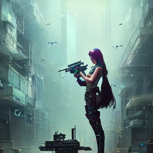 Image similar to highly detailed portrait of a young cyberpunk woman aiming a rifle, stephen bliss, unreal engine, fantasy art by greg rutkowski, loish, rhads, ferdinand knab, makoto shinkai and lois van baarle, ilya kuvshinov, rossdraws, tom bagshaw, global illumination, radiant light, detailed and intricate environment