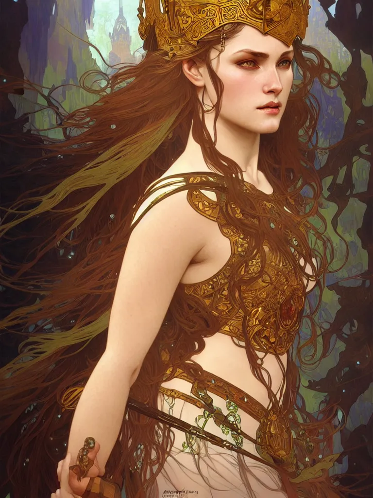 Image similar to a beautiful warrior queen, fantasy, portrait, sharp focus, intricate, elegant, digital painting, artstation, matte, highly detailed, concept art, illustration, ambient lighting, art by Alphonse mucha, artgerm