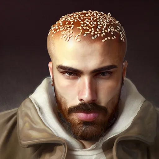 Image similar to portrait of a young rugged hamburger, extra onions and ketchup, luscious patty with sesame seeds, masculine, handsome, D&D, fantasy, intricate, elegant, highly detailed, digital painting, artstation, concept art, matte, sharp focus, illustration, art by Artgerm and Greg Rutkowski and Alphonse Mucha