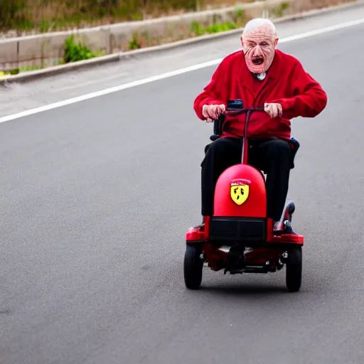 Image similar to old mad man on a red motorized wheelchair with the ferrari logo, highway, action shot