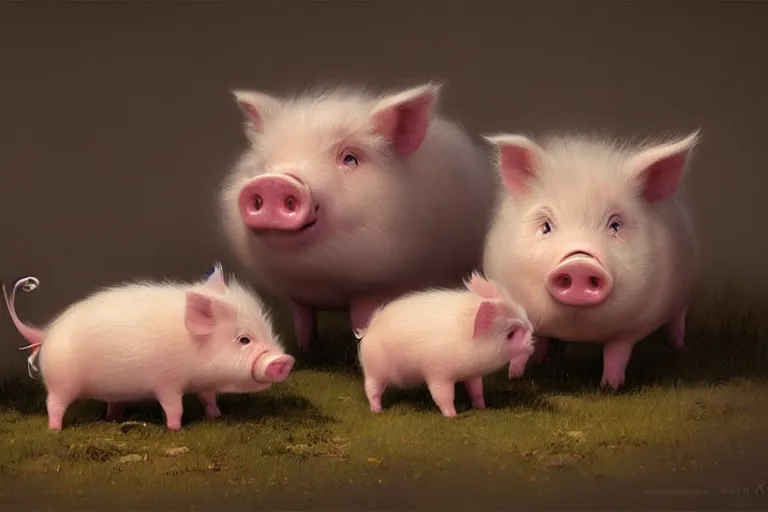 Image similar to cute fluffy pigs by jean - baptiste monge, high quality, high resolution, 4 k, painted by cgsociety, rutkowski, gurney with ambient lighting, concept art, detailed, smooth, dynamic volumetric cinematic lighting, octane, raytrace