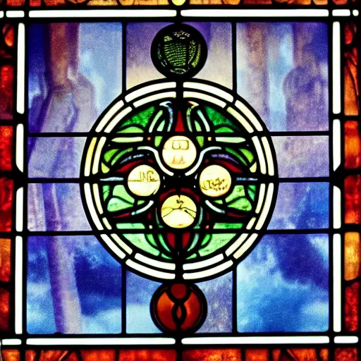 Prompt: “ allomancy symbols from mistborn in stained glass art nouveau style ”