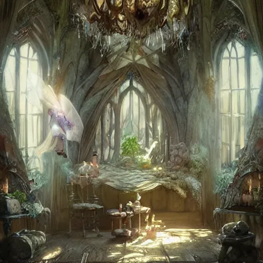 Image similar to a beautiful interior of a fairy castle's hall, wide angle, fully decorated, furnished with fairy furniture, fairy aesthetics, fairy lights, fairycore. concept art by greg rutkowski, elena dudina. high details, soft colour palette, dreamy