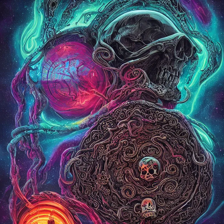 Image similar to a giant skull with intricate rune carvings and glowing eyes with symmetrical lovecraftian tentacles emerging from a space nebula by dan mumford, twirling smoke trail, a twisting vortex of dying galaxies, digital art, vivid colors, highly detailed