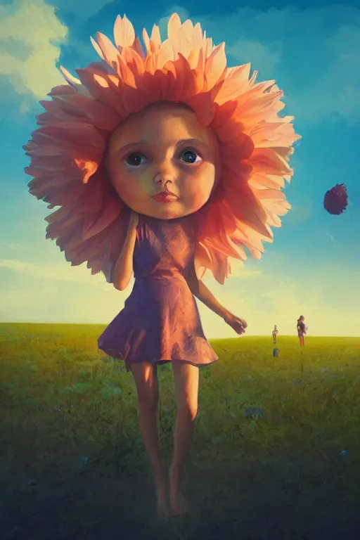 Image similar to closeup girl with huge dahlia flower face, on the beach, surreal photography, blue sky, sunrise, dramatic light, impressionist painting, digital painting, artstation, simon stalenhag