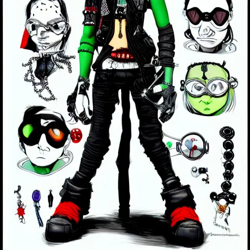 Image similar to a cybergoth guy wearing goggles and eccentric jewelry by jamie hewlett :: full body character concept art, full body, detailed