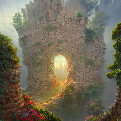 Image similar to forgotten stone city on a hill that rises up from the plain. the stone is carved into intricate patterns: spirals and flowers, vines and knots. towers high above, archways, strange trees and flowers. a beautiful and vivid and colorful andreas rocha and peter mohrbacher acrylic painting, trending on artstation