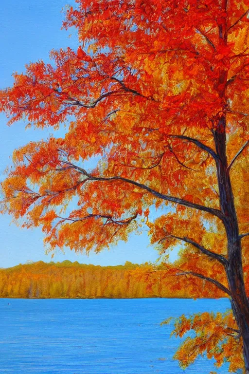 Prompt: oil paintingof a beautiful lake, trees in background of maple and poplar trees, in the autumn, red orange and yellow leaves, some leaves have fallen, trees reflecting on the lake