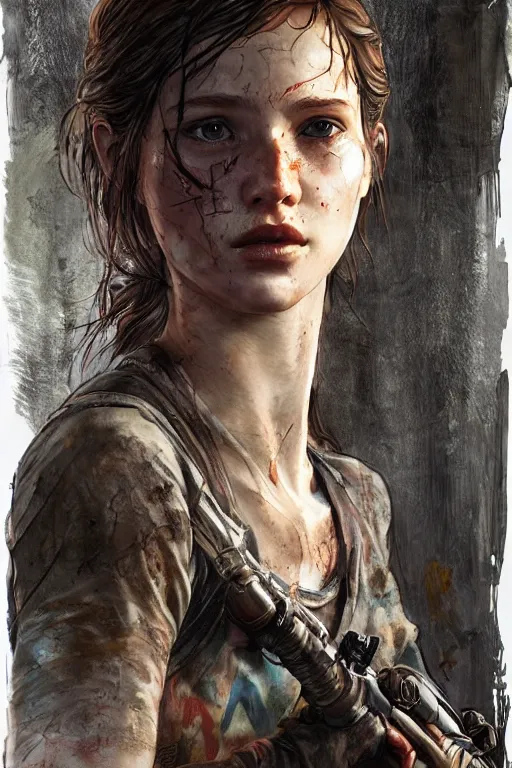 Image similar to bella ramsey in the role of ellie in the last of us, dirt, fashion, fantasy, art by ayami kojima, vasnetsov, cedric peyravernay