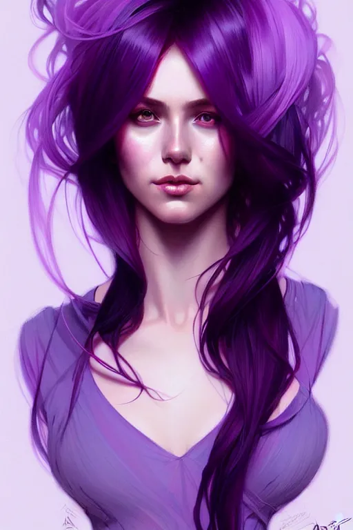 Image similar to Purple hair, creative colouring Portrait of woman, fashion, intricate, elegant, highly detailed, digital painting, artstation, concept art, smooth, sharp focus, illustration, art by artgerm and greg rutkowski and alphonse mucha