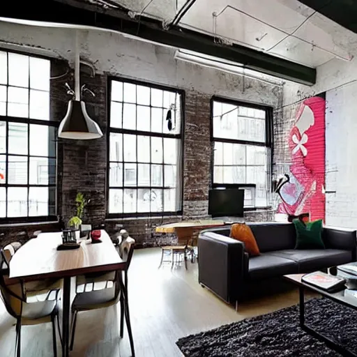 Image similar to trendy downtown loft with modern murals on the wall, modern art and patterns, interior design, beautiful architecture