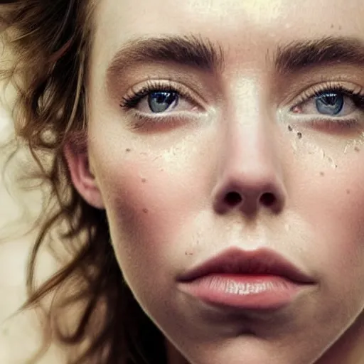 Prompt: stunning photo of vanessa kirby, dark - haired goddess, a beautiful closeup, she has tears running down her face, wet lips, perfect eyes, insanely detailed, elegant, by wlop, rutkowski, livia prima, mucha,