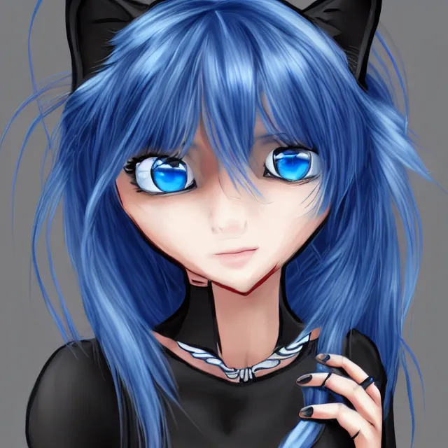 Image similar to anthro black cat with blue hair and blue eyes, pixiv, digital art