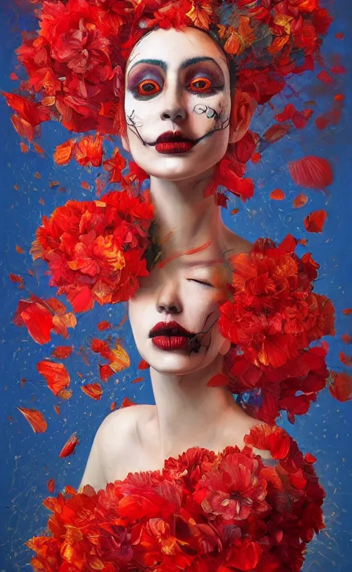 Prompt: a red oil painting hyperrealism of a beautiful woman, flowers, dia de los muertos makeup, floral headdress, 8 k resolution, octane render, trending on artstation, by gediminas pranckevicius, volumetric light 2 blue fractal thunder glow by dan mumford, anaglyph effect, laurie lipton