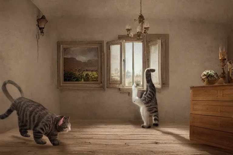 Image similar to a very very very very detailed matte painting of wide angle view on Cute Cat in Provence style Room,