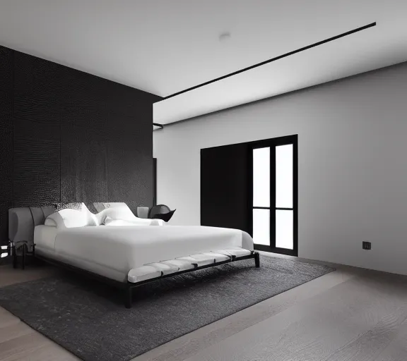 Prompt: brutalist black mansion luxury bedroom interior design minimalist organic, organic architecture furniture open space high quality octane render blender 8 k