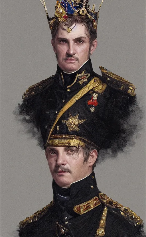 Image similar to Portrait of a middle aged 19th century man wearing a ceremonial uniform and a crown, male, detailed face, napoleonic, highly detailed, cinematic lighting, digital art painting by greg rutkowski