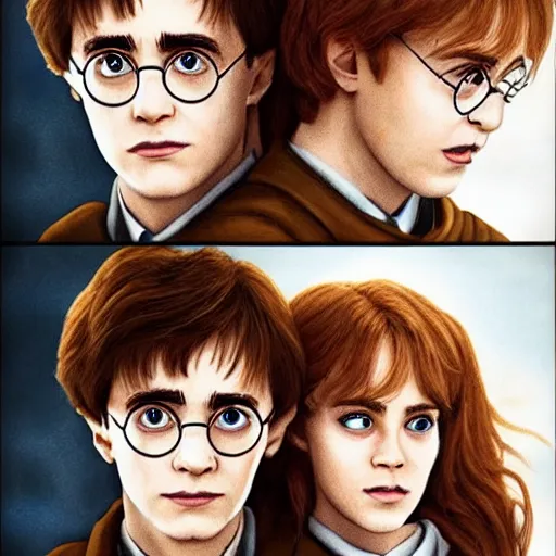 Prompt: Harry Potter Ron and Hermione in Venice, hyper realistic face, symmetrical face, beautiful eyes,